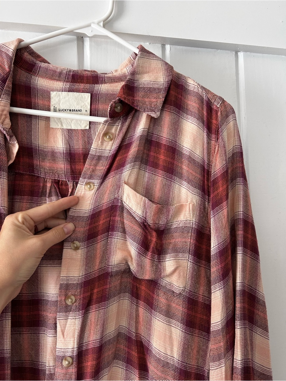 Lucky Brand | Plaid Button-Up Shirt in Burgundy and Pink - Picture 2 of 3